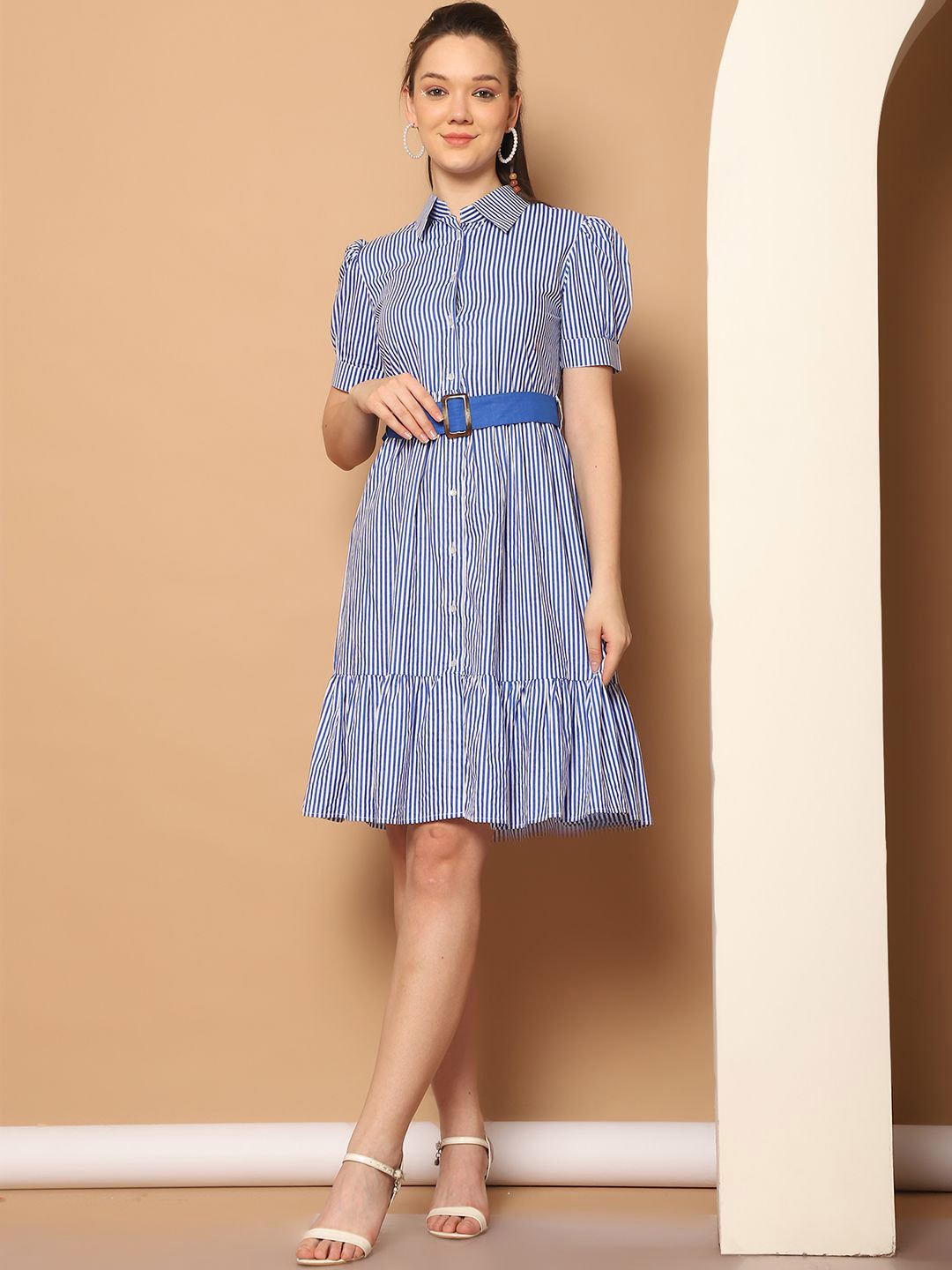 MARC LOUIS Striped Ruffled Shirt Dress