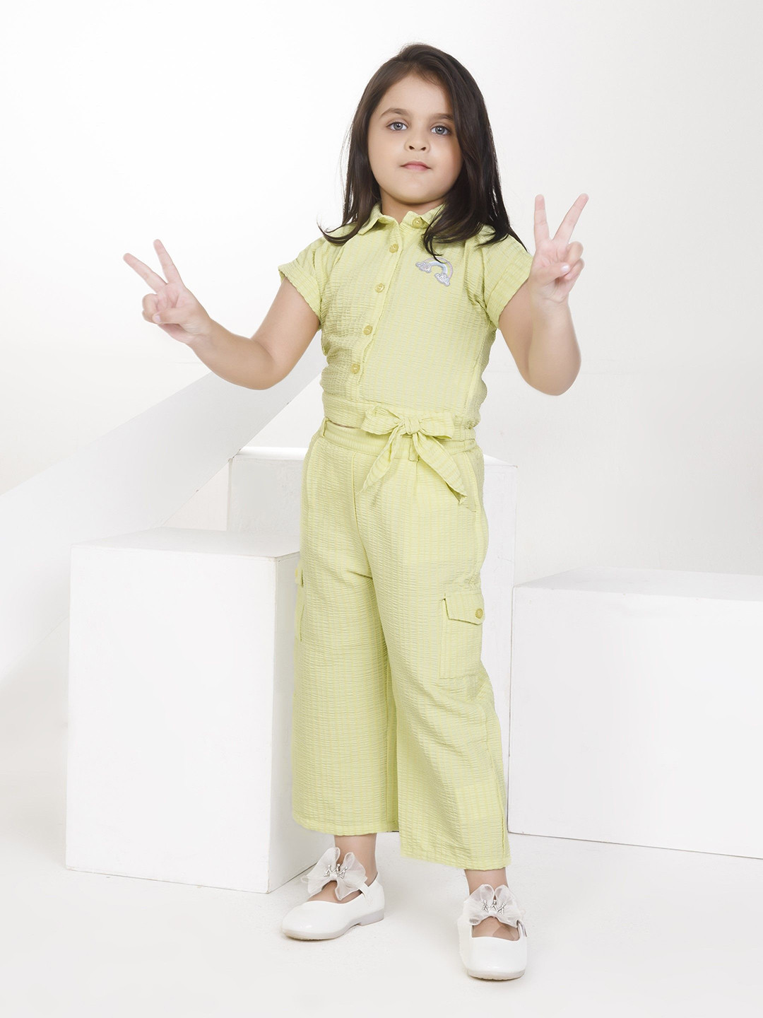 Peppermint Girls Self Design Shirt with Trousers