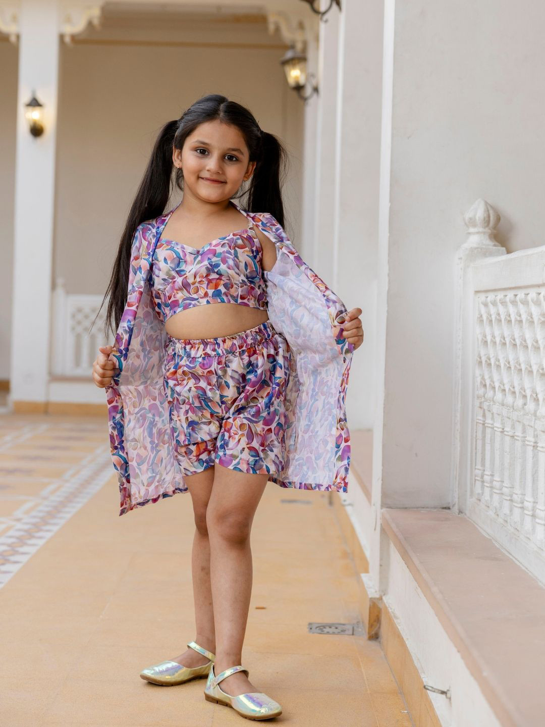 Cutiediva Girls Printed Shoulder Straps Top With Trouser & Shrug
