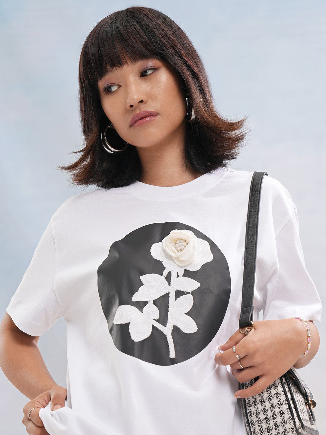 Street By Tokyo Talkies Women Embroidered Floral Drop-Shoulder Sleeves Cotton Relaxed Fit T-shirt