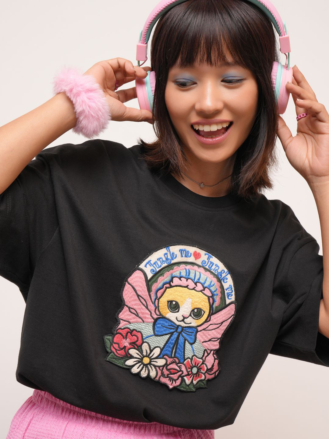 Street By Tokyo Talkies Women Applique Drop-Shoulder Sleeves Cotton Oversized Fit T-shirt