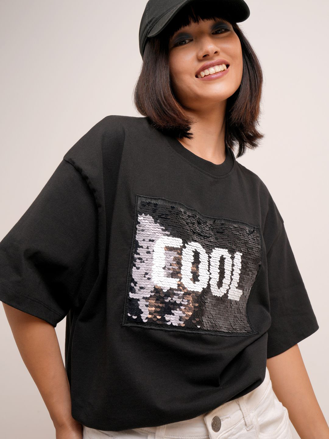 Street By Tokyo Talkies Women Typography Sequin Cotton Oversized Fit T-shirt