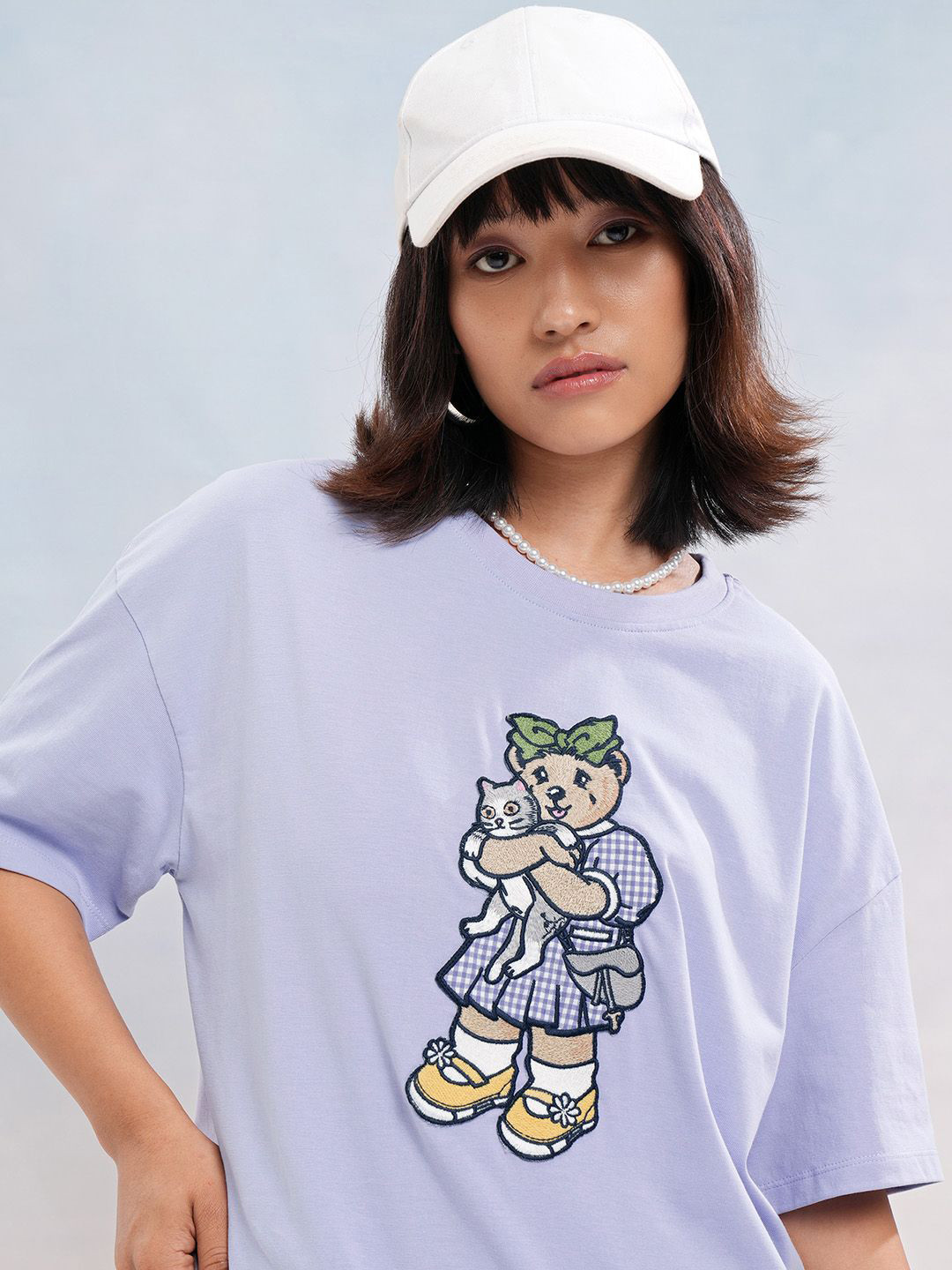 Street By Tokyo Talkies Women Applique Drop-Shoulder Sleeves Cotton Boxy Fit T-shirt