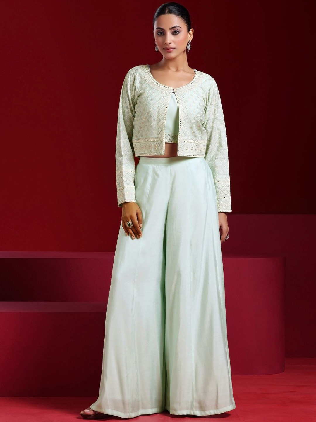 Libas Art Floral Embroidered Thread Work Silk Blend Top With Palazzos And Jacket