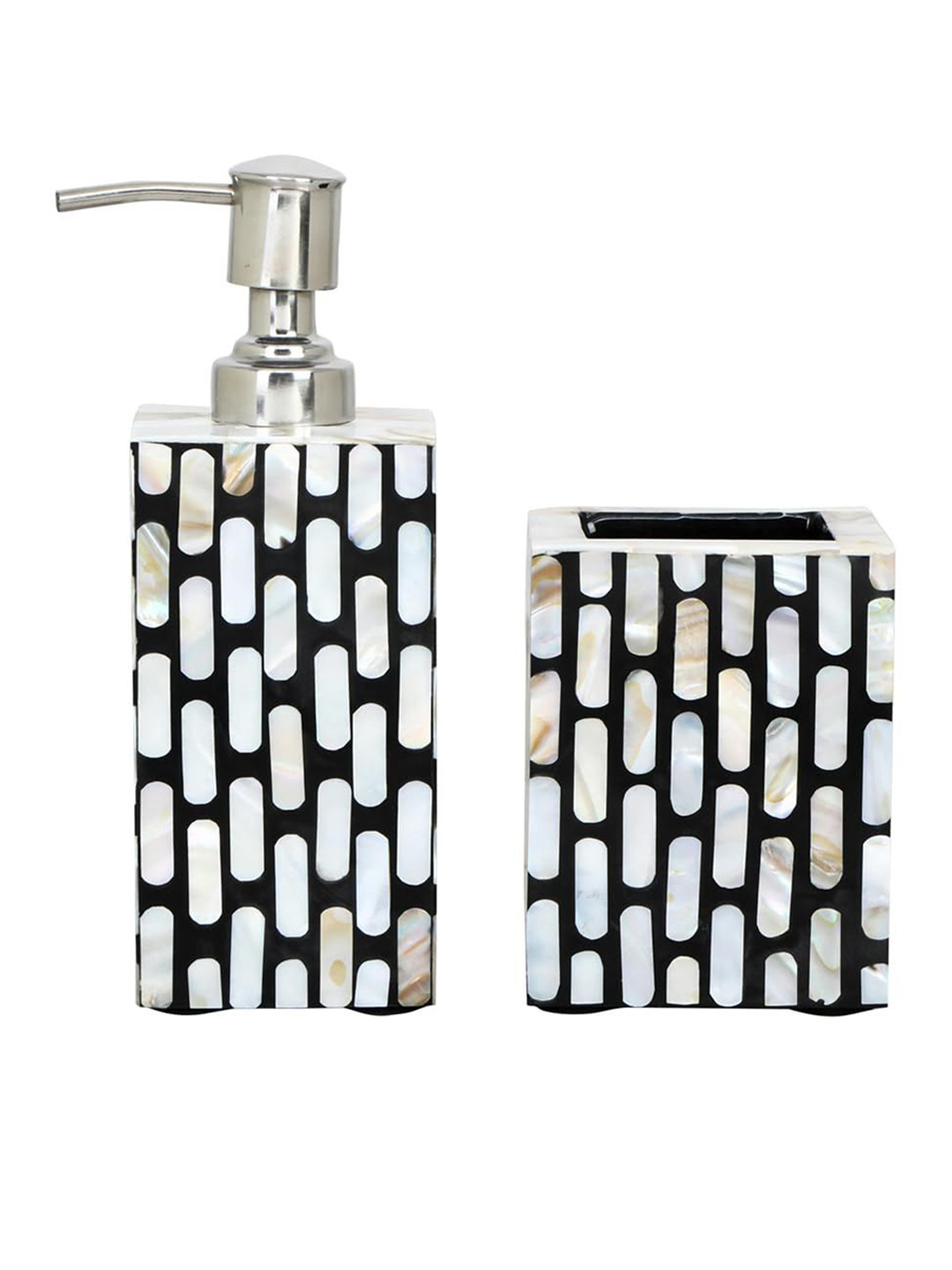 THE HOME CO. Grey & White 2 Pieces Printed Wooden Bathroom Accessories