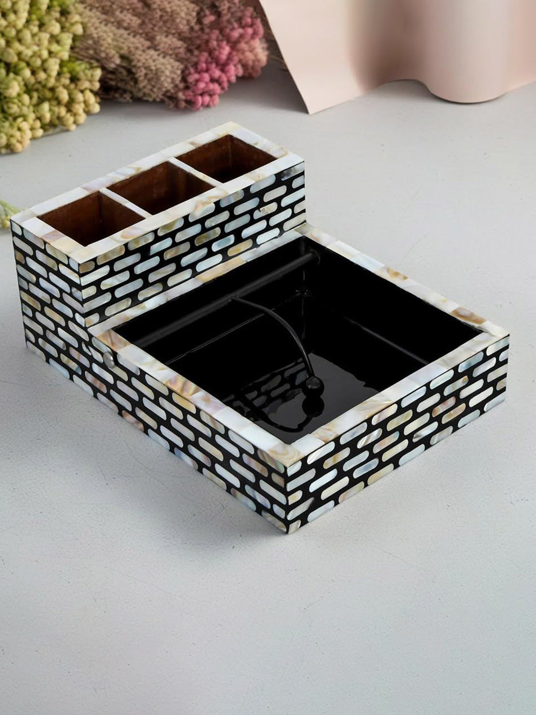 THE HOME CO. Grey & White Textured Glossy Finished Tissue & Cutlery Holder