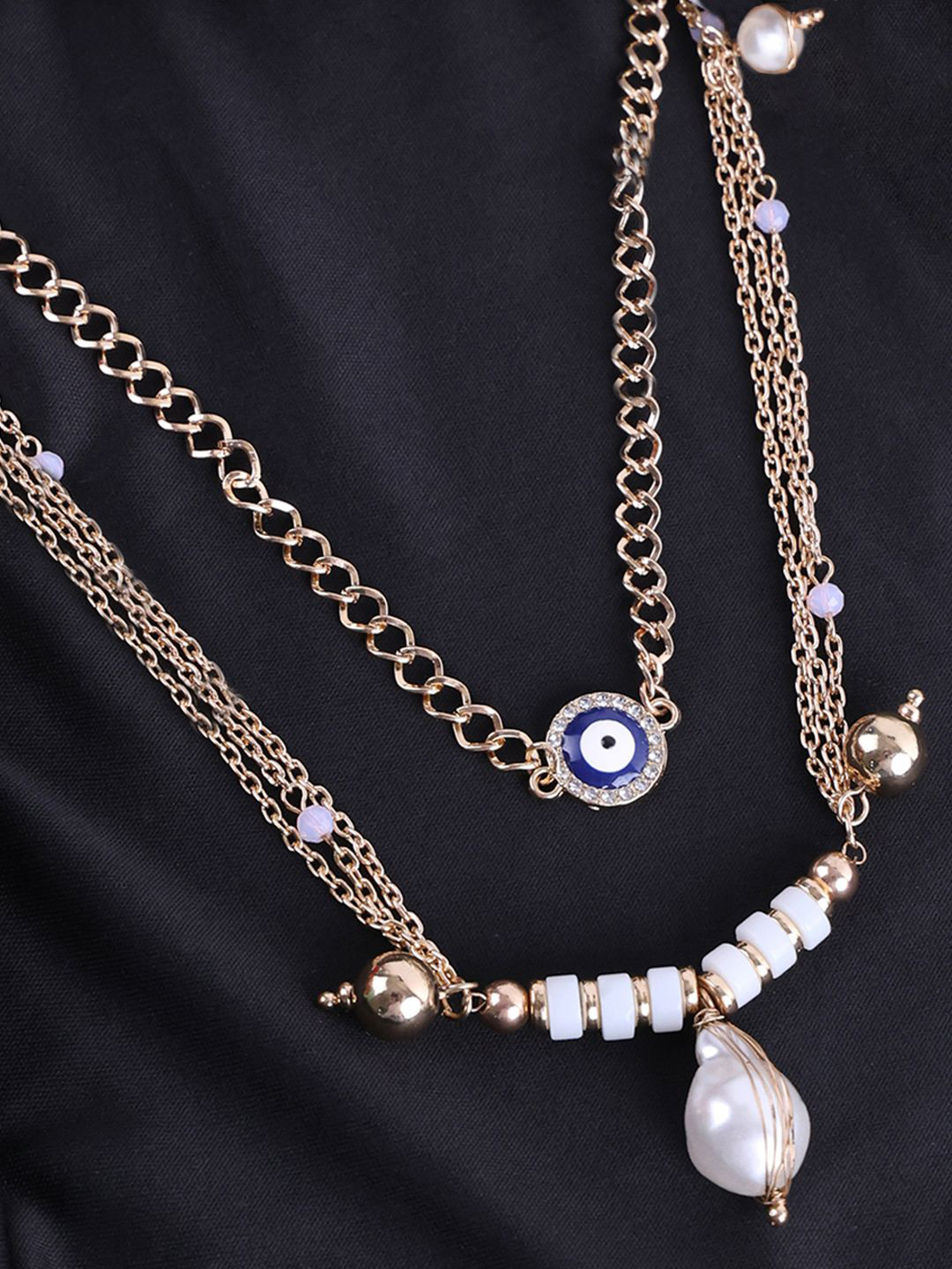 VOGUE PANASH Gold-Plated Evil Eye Stone Studded Layered Chain Necklace