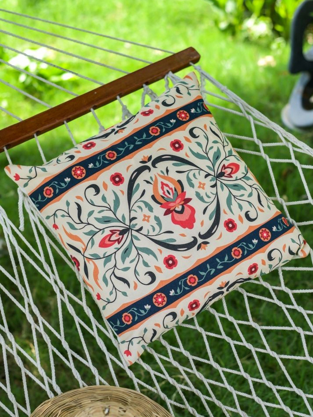 ABSTRACT INDIA Cream & Green Floral Cotton Square Cushion Cover