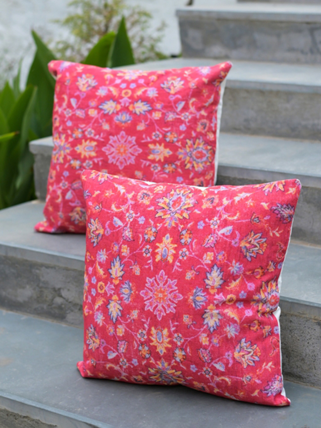 ABSTRACT INDIA Digital Floral Cotton Washable 2 Pcs Square Cushion Covers - 16 x 16 In