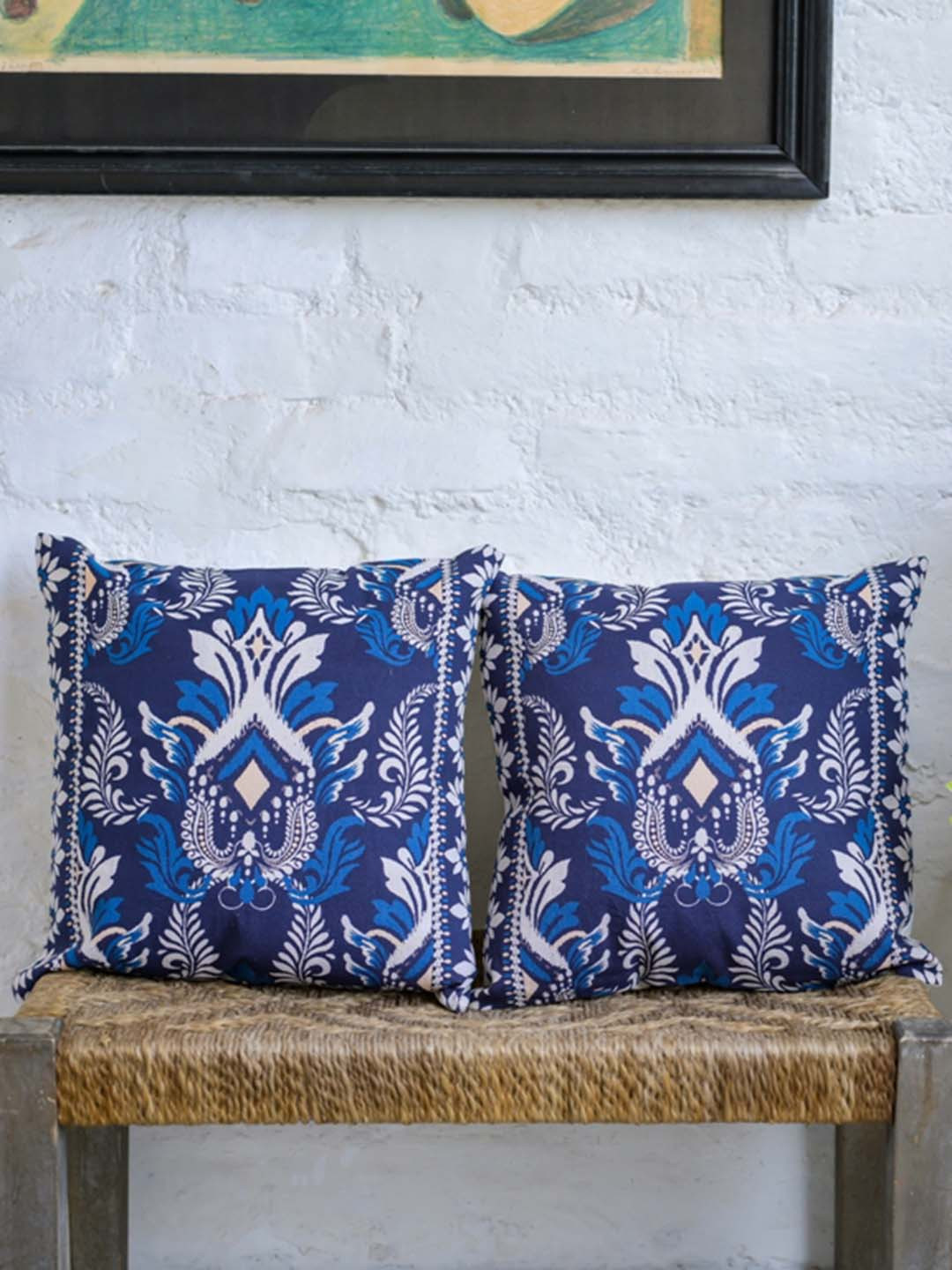 ABSTRACT INDIA Digital Ethnic Motifs Cotton 2 Pcs Square Cushion Covers - 16 x 16 In