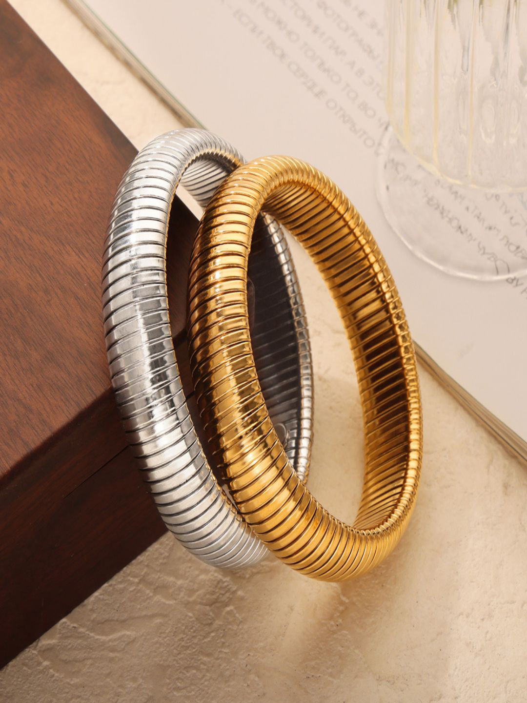 AQUASTREET Set Of 2 Gold & Silver-Plated 16mm Waterproof Snake Bangles