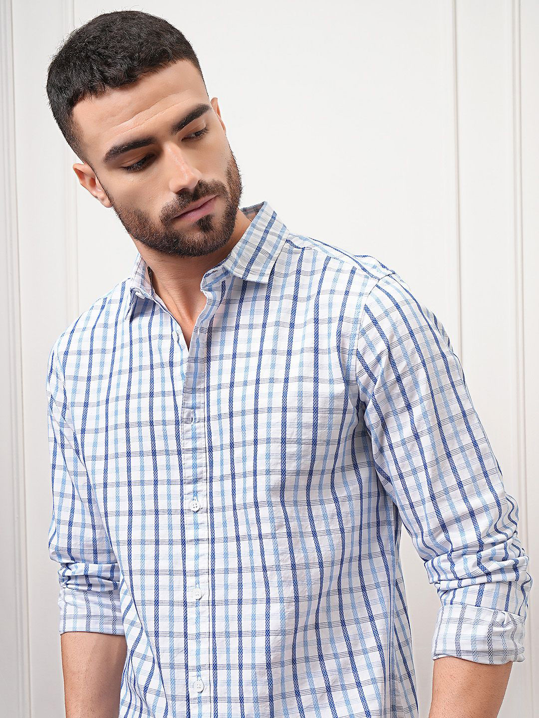 LOCOMOTIVE Premium Men Shepherd Checks Dobby Textured Cotton Casual Shirt