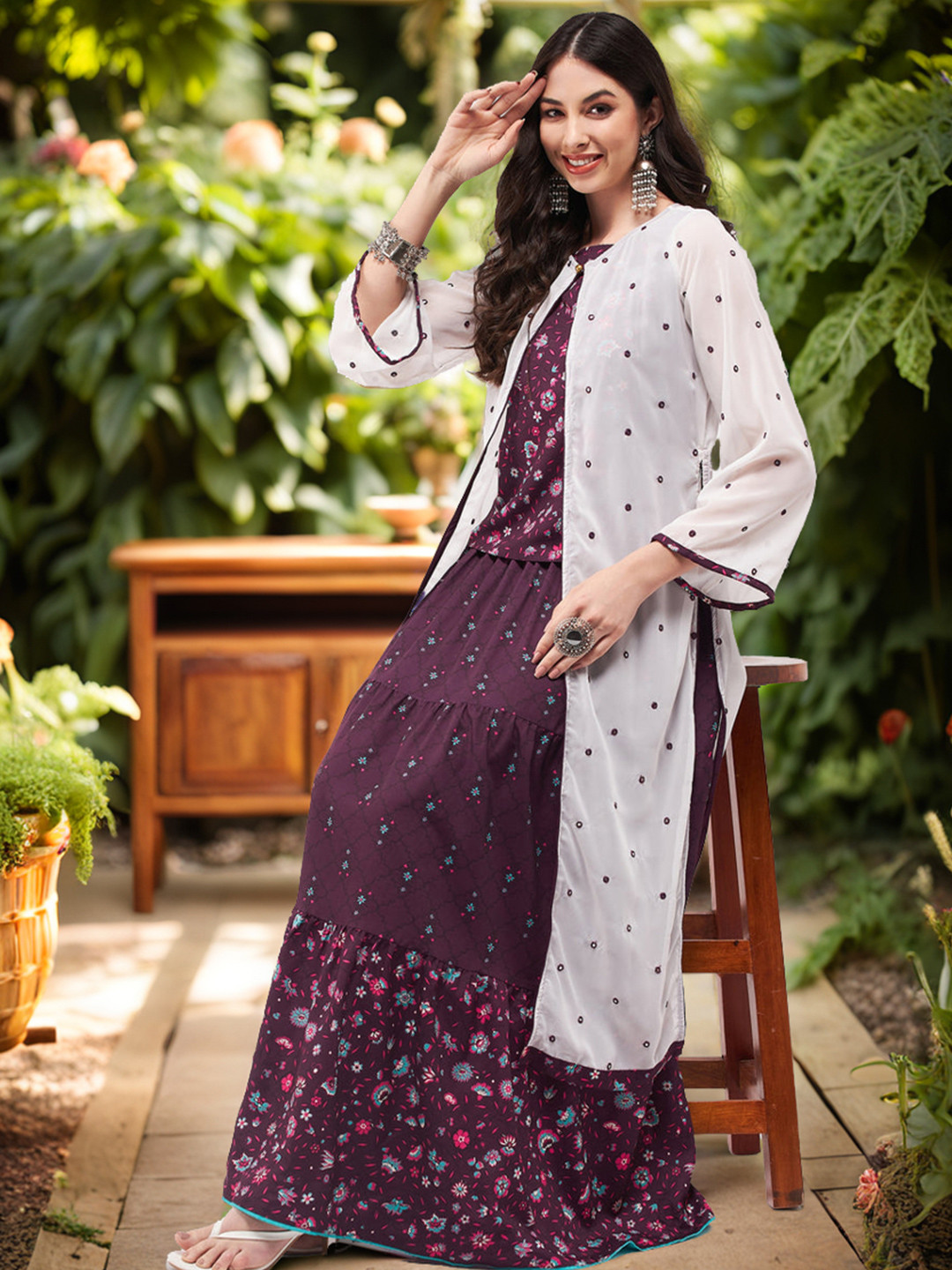 Pannkh Printed Top  With Skirt And Embroidered Shrug Co-Ords Set