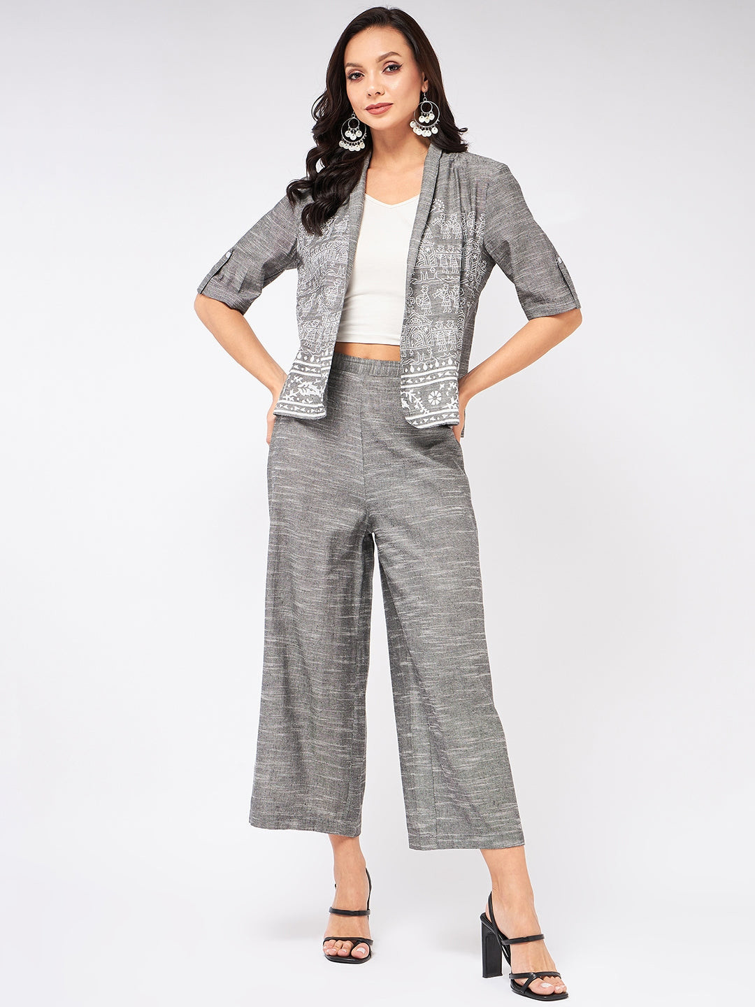 Pannkh Chambray Printed Blazer With Pant Set