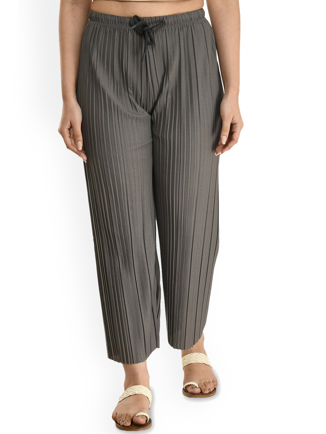 Gladly Women Striped Relaxed Loose Fit High-Rise Accordion Pleated Parallel Trousers