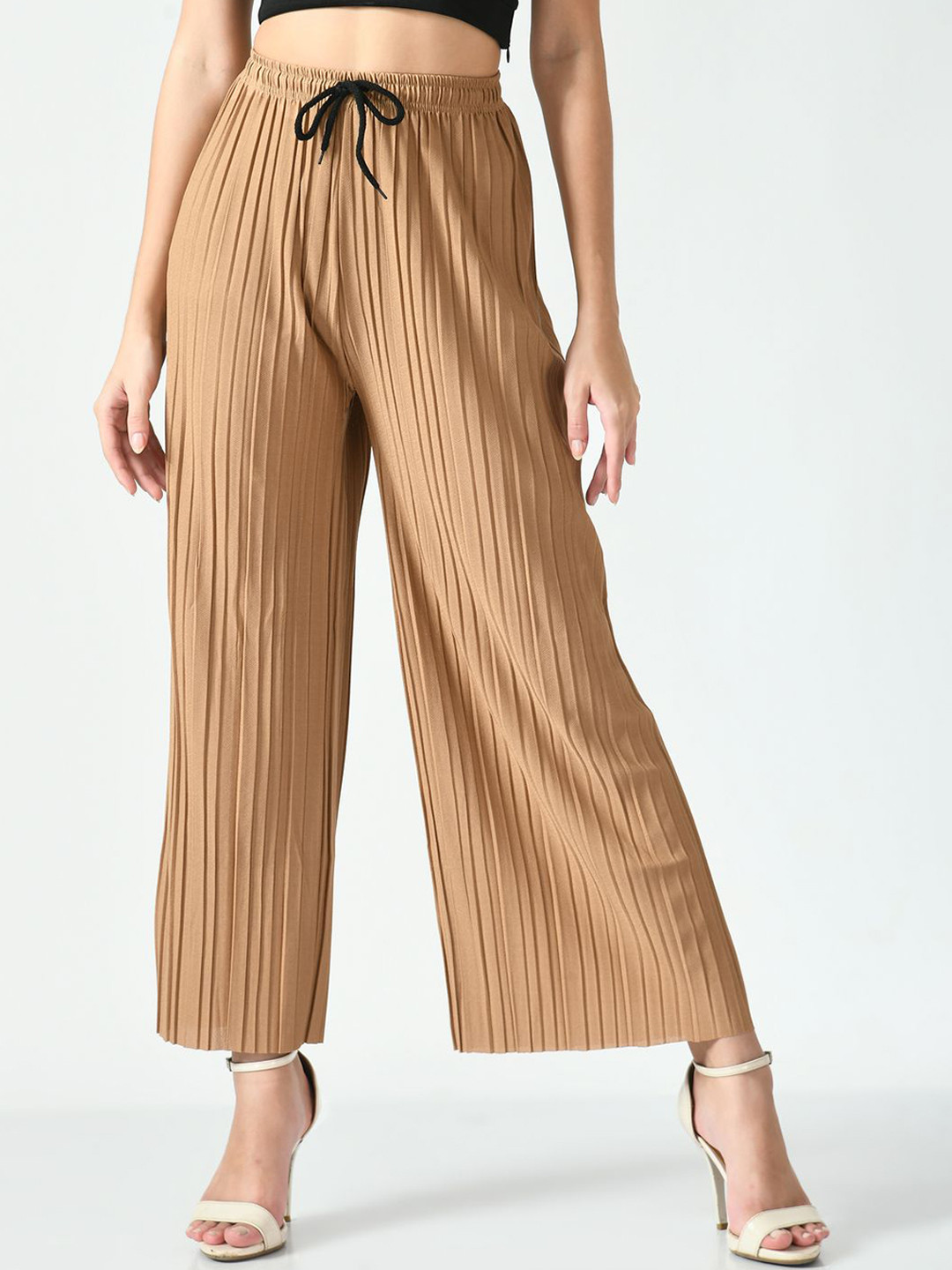 Gladly Women Striped Relaxed Loose Fit High-Rise Accordion Pleated Trousers