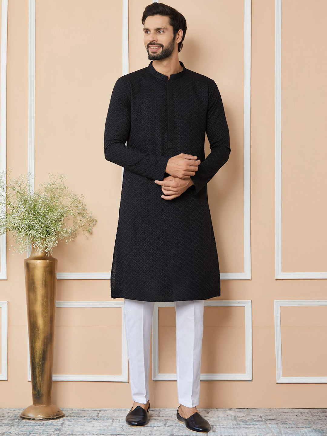 See Designs Mandarin Collar Long Sleeves Striped Woven Design Straight Kurta