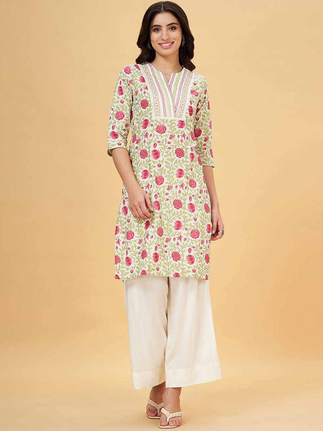 RANGMANCH BY PANTALOONS Floral Printed Mirror Work Mandarin Collar Pure Cotton Kurta