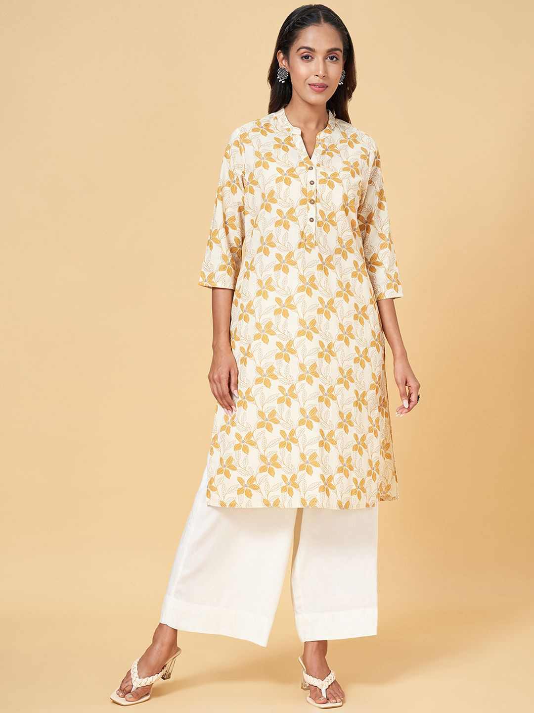 RANGMANCH BY PANTALOONS Floral Printed Mandarin Collar Pure Cotton Straight Kurta