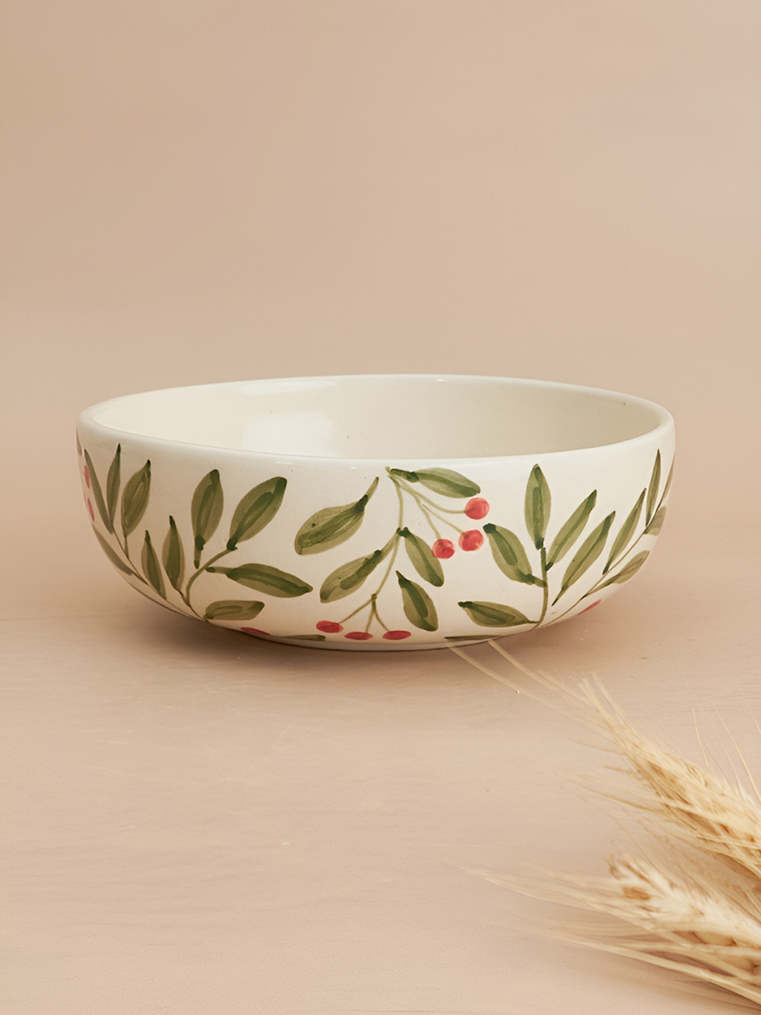 NURTURE INDIA Olive-Green & White Leaf Printed Serving Bowl