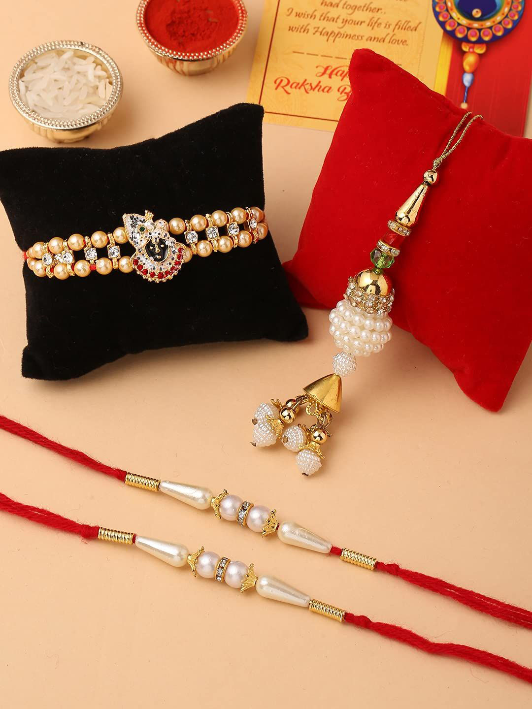CraftVatika Set Of 4 Beaded Rakhis With Greeting Card