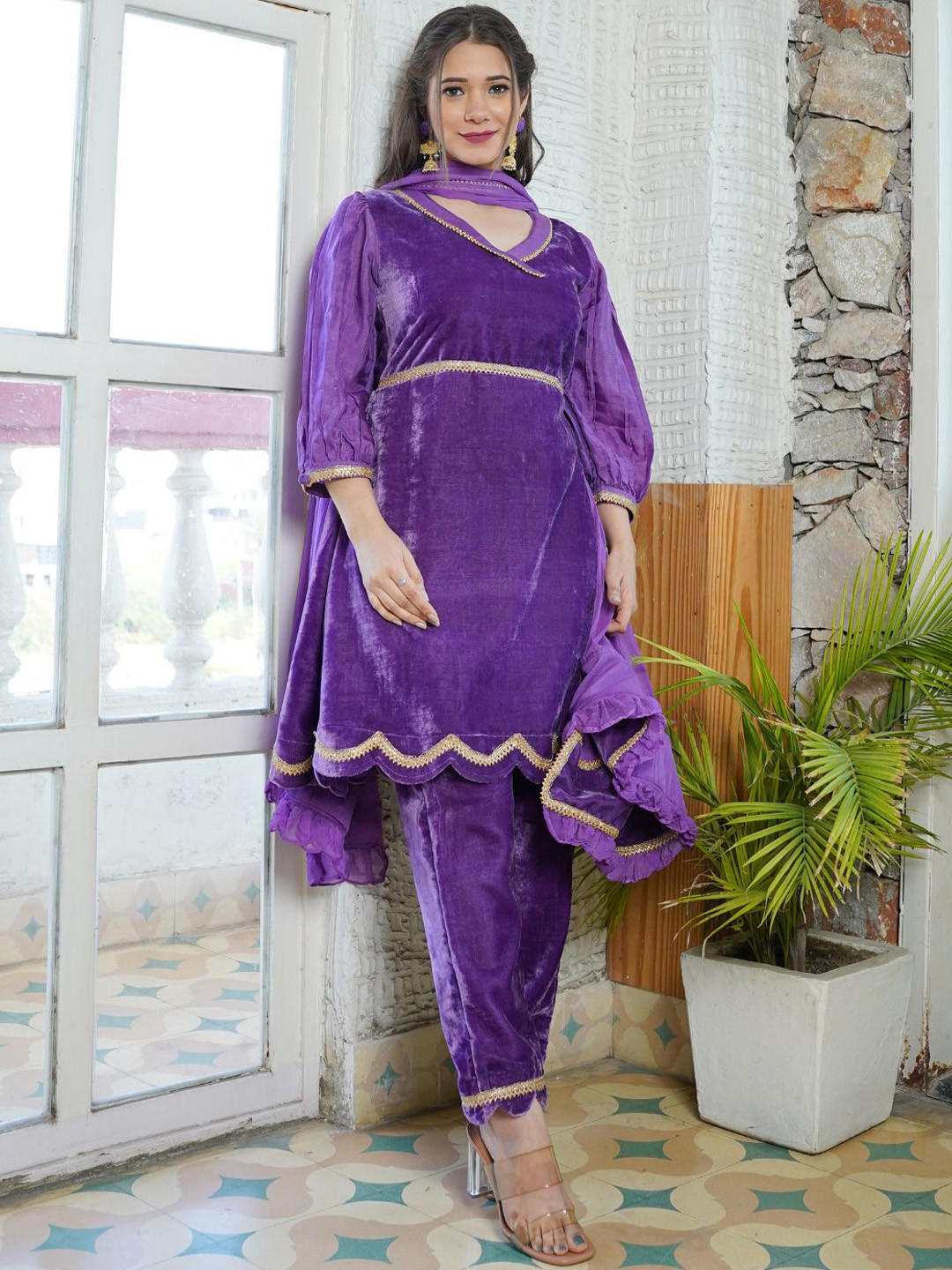 HOUSE OF JAMOTI Puffed Sleeves Gotta Patti Velvet A-Line Kurta With Trouser & Dupatta