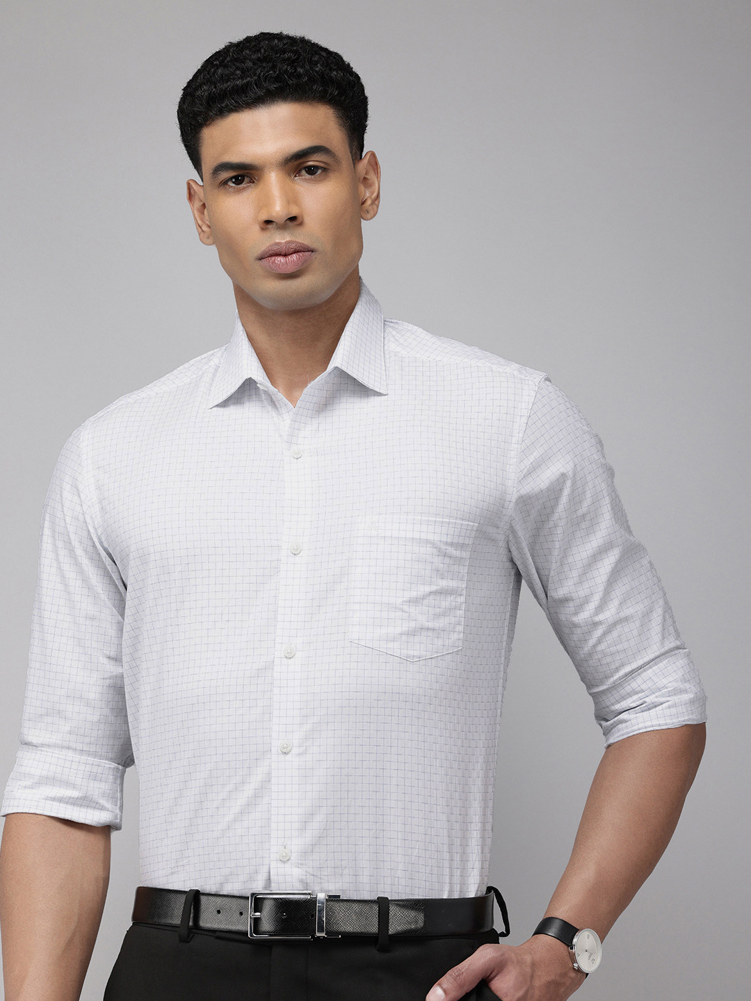 Arrow Pure Cotton Manhattan Slim Fit Self Grid Tattersall Checks Opaque Formal Shirt