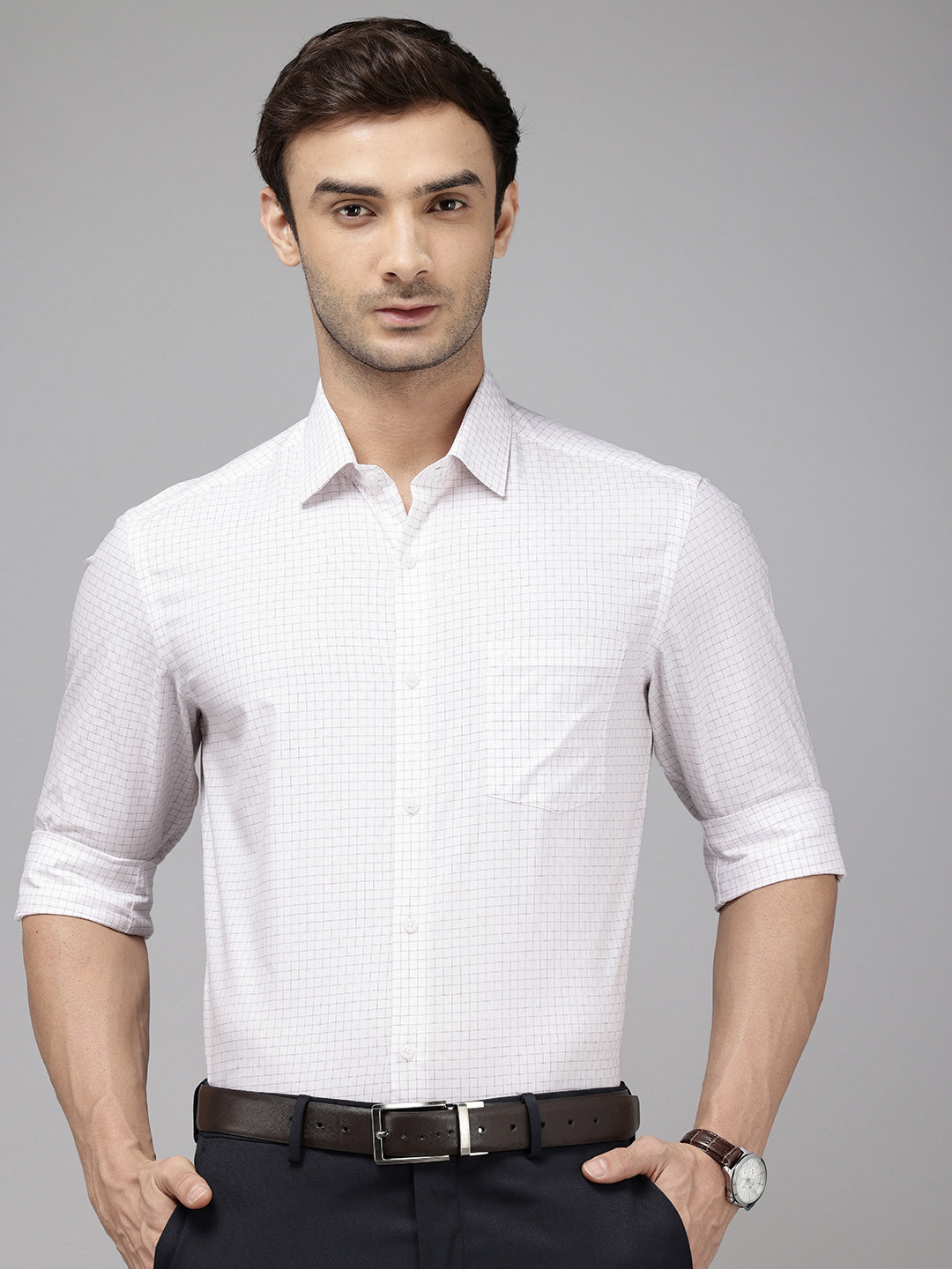 Arrow Pure Cotton Manhattan Slim Fit Self Grid Tattersall Checks Opaque Formal Shirt
