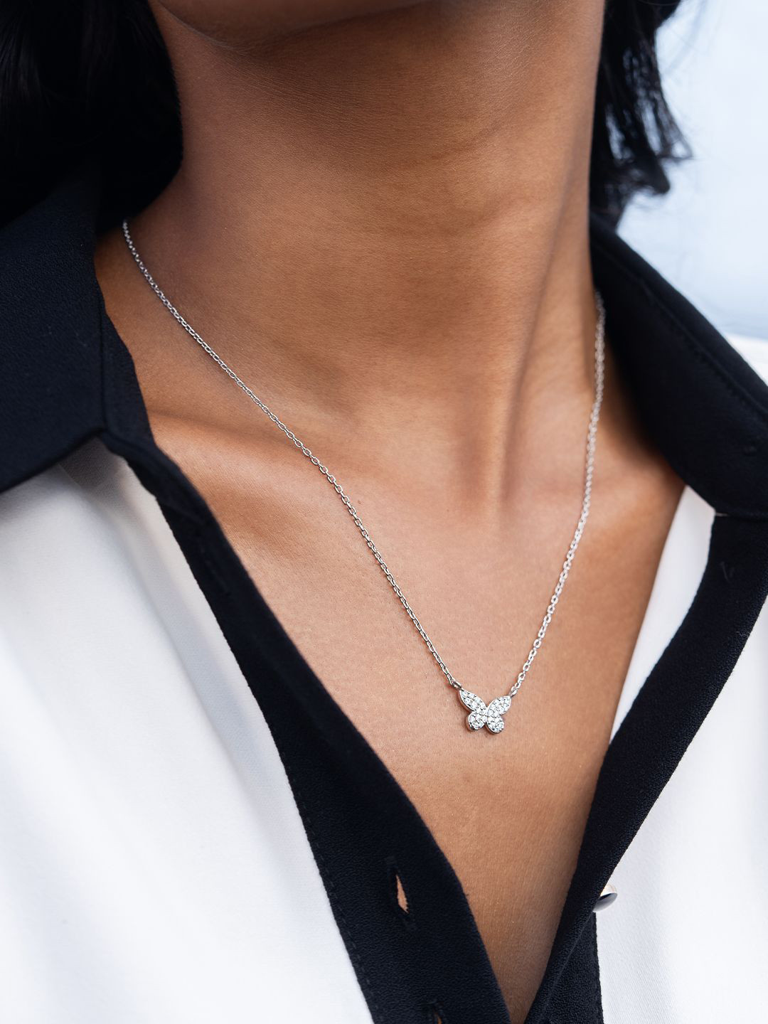 SHAYA 925 Silver Rhodium Cubic Zirconia Studded Butterfly Plated Chain