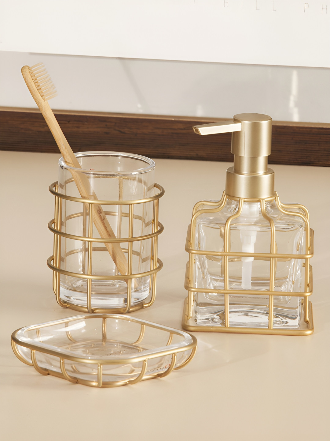 OBSESSIONS Gold-Toned & Transparent 3 Pieces Glass Bath Accessories Set 400ml