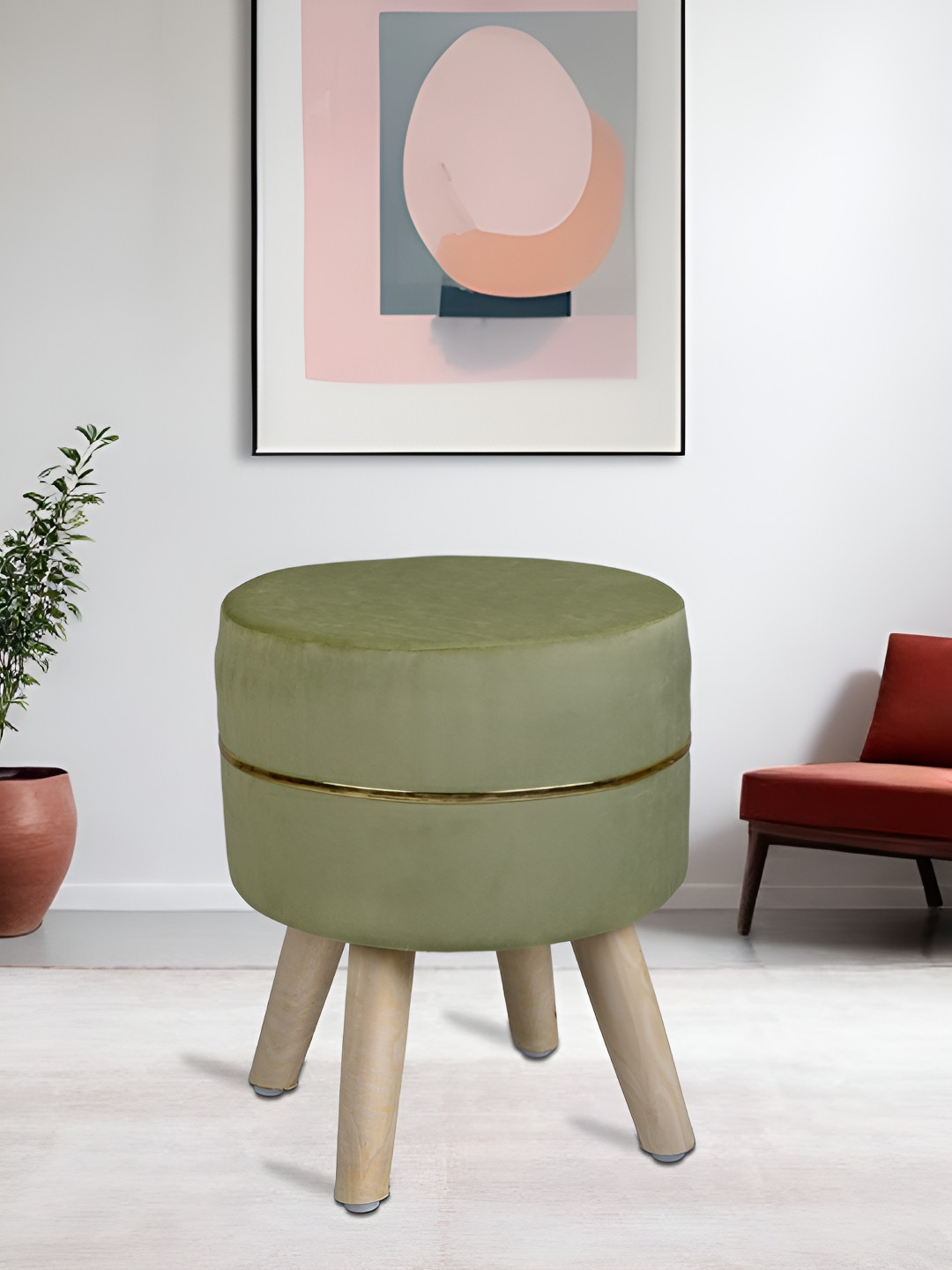 CDI Green Round Ottoman With Wooden Legs