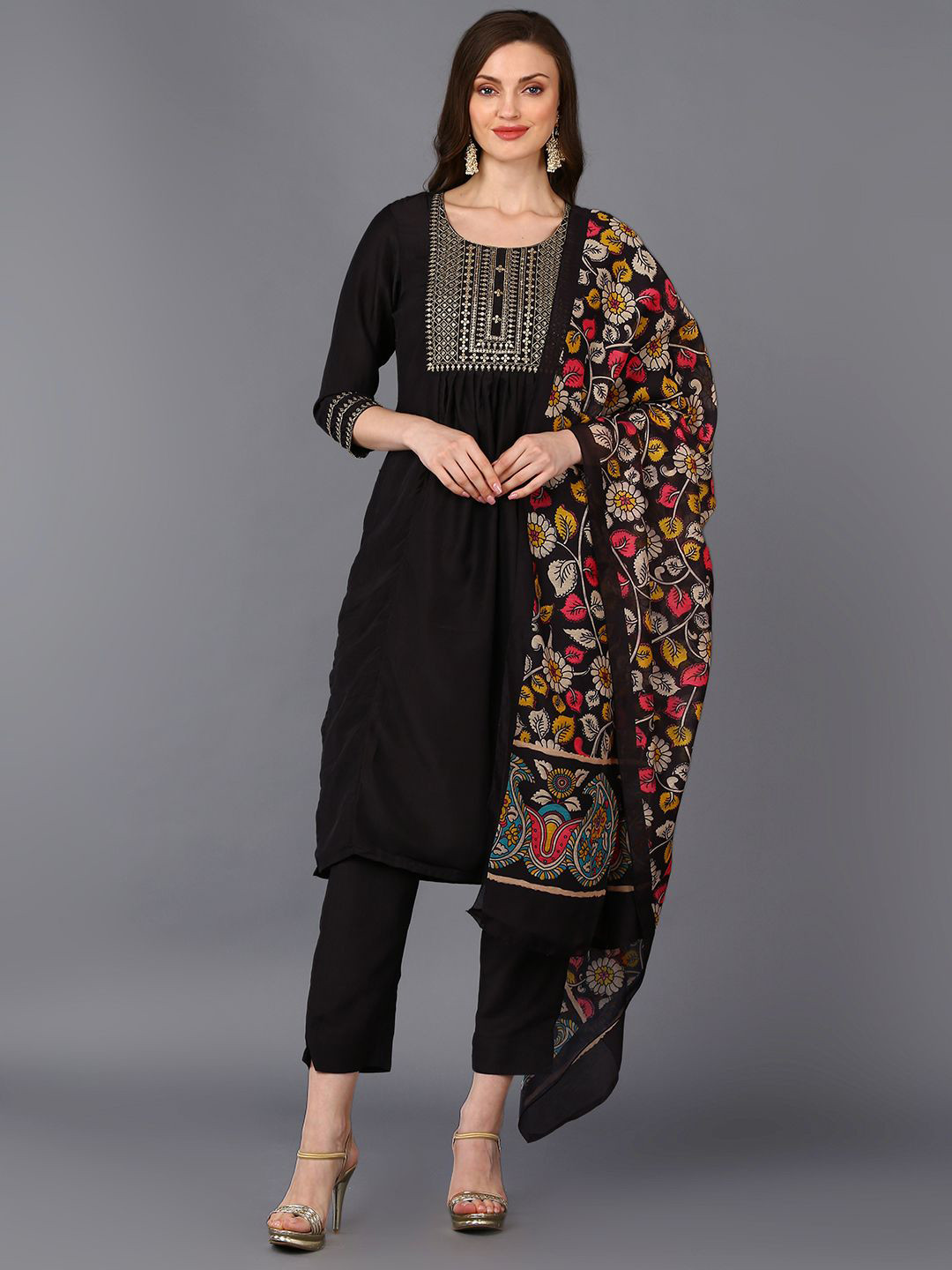 KALINI Floral Embroidered Yoke or Border Sequinned Straight Kurta With Trousers & Dupatta