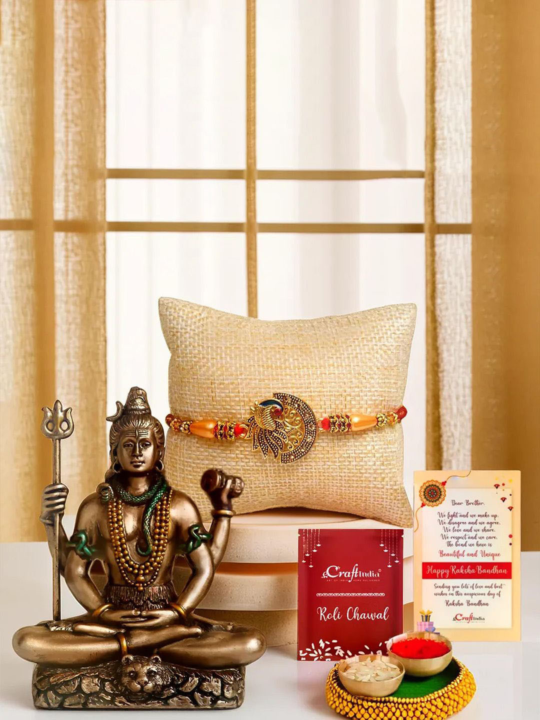 eCraftIndia Set Of 2 Peacock Detail Rakhi With Lord Shiva Statue & Roli Chawal