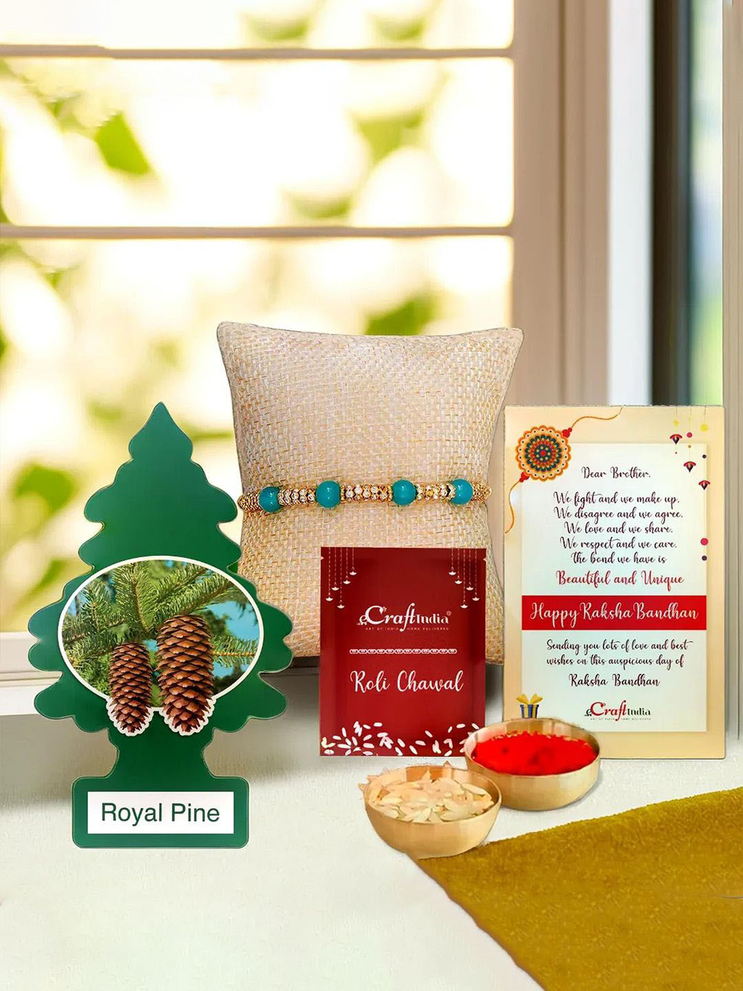 eCraftIndia Set Of 2 Stone Studded & Beaded Rakhi With Air Freshener & Roli Chawal