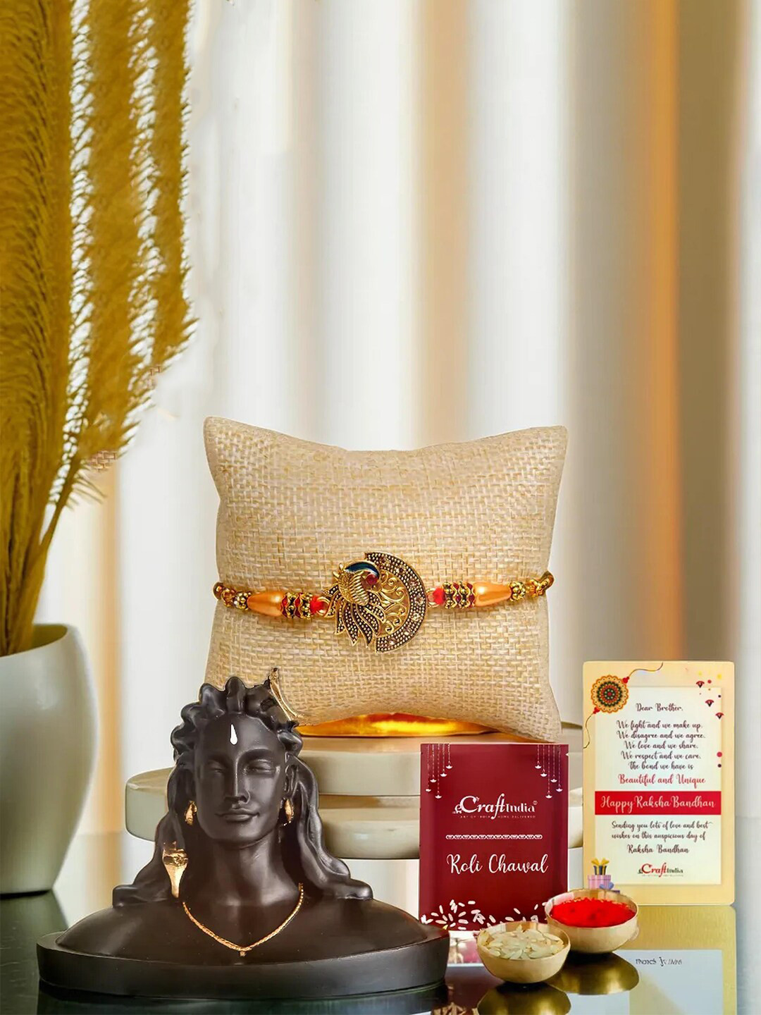 eCraftIndia Set Of 2 Peacock Design Rakhi With Adiyogi Shiva Idol & Roli Chawal