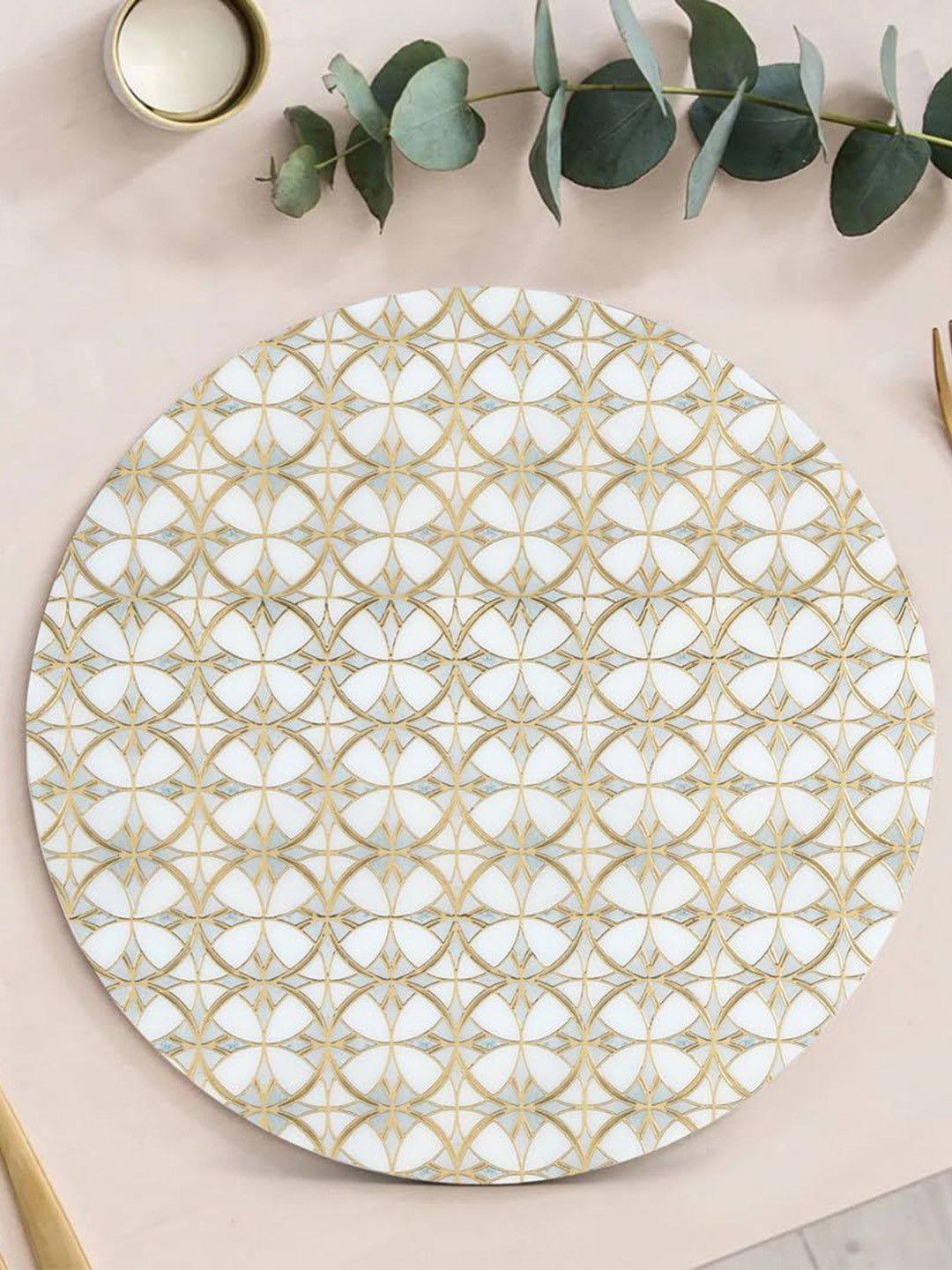 THE HOME CO. White & Beige Etnic Motifs Printed Round Trivet