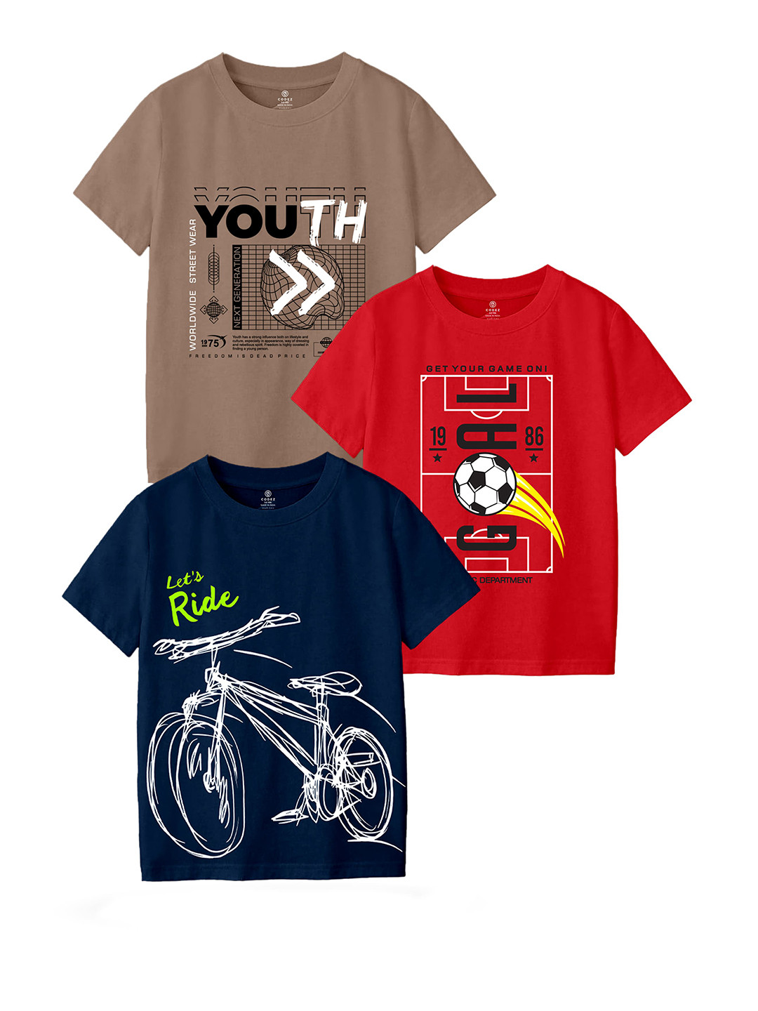 CODEZ Boy Pack Of 3 Printed Round Neck T-shirts
