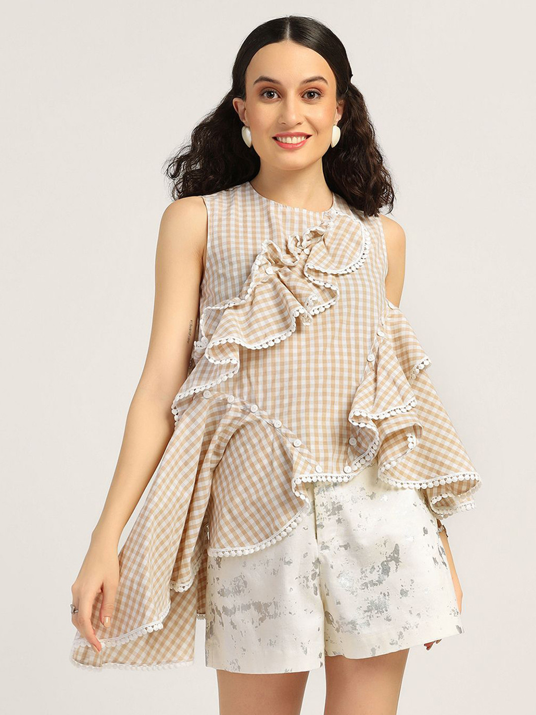 LELA Women Ruffle Asymmetrical Check Top