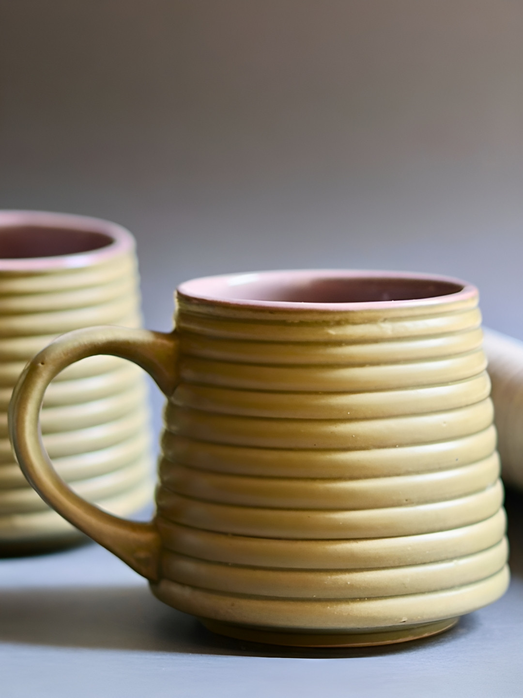 WEAVING HOMES Green Striped Ceramic Handmade 6 Piece Mugs-290ml