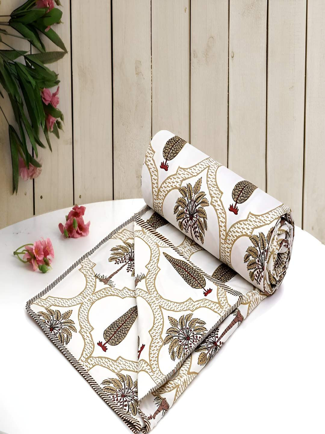 tundwal's Lime Green & White Floral AC Room 210 GSM Cotton Single Bed Dohar