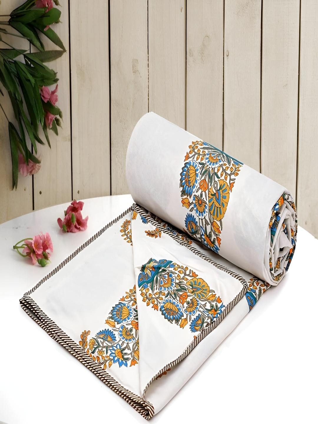 tundwal's Orange & White Floral AC Room 210 GSM Cotton Single Bed Dohar