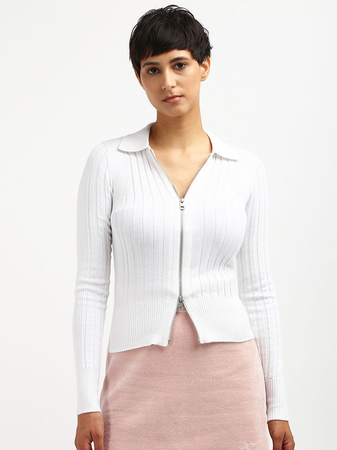 Calvin Klein Women Lapel Collar Ribbed Crop White Cardigan