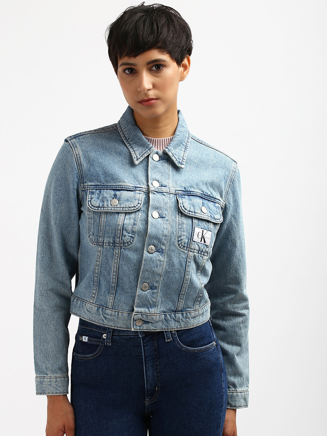 Calvin Klein Women Spread Collar Denim Jacket
