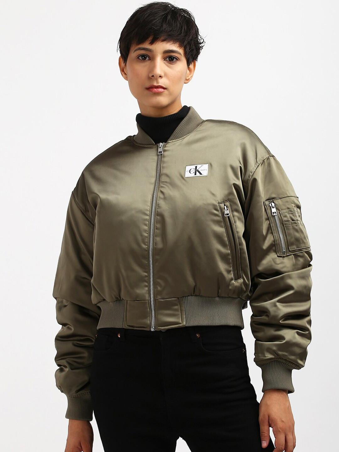 Calvin Klein Women Lapel Collar Bomber Jacket