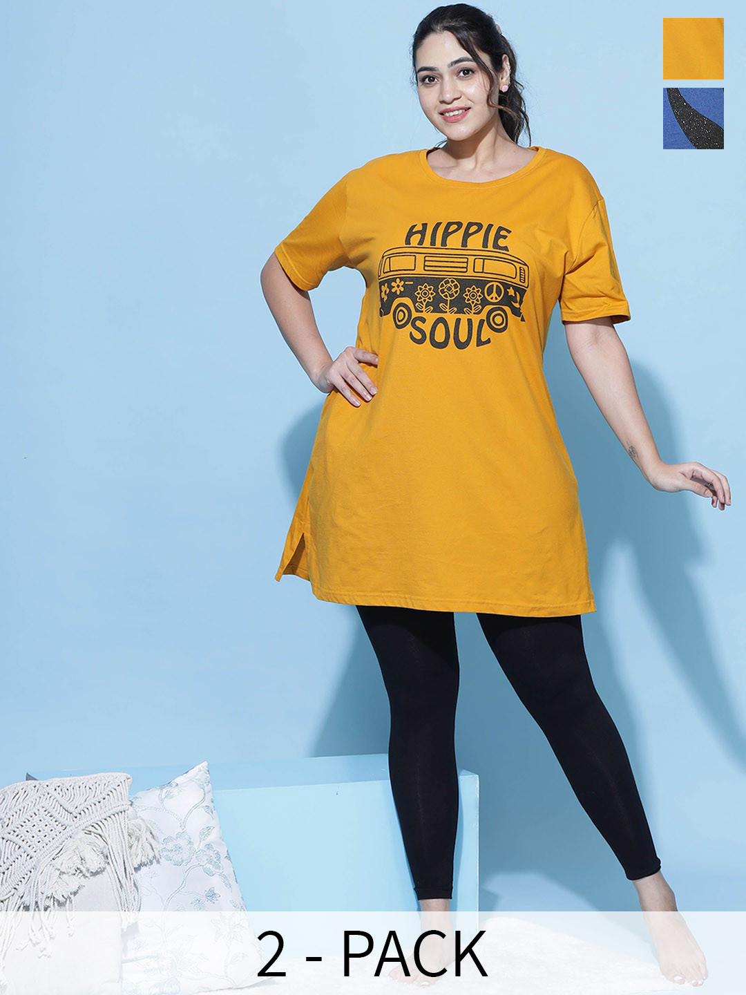 9shines Label Pack Of 2 Pluz Size Graphic Printed Cotton Longline Lounge T-shirts