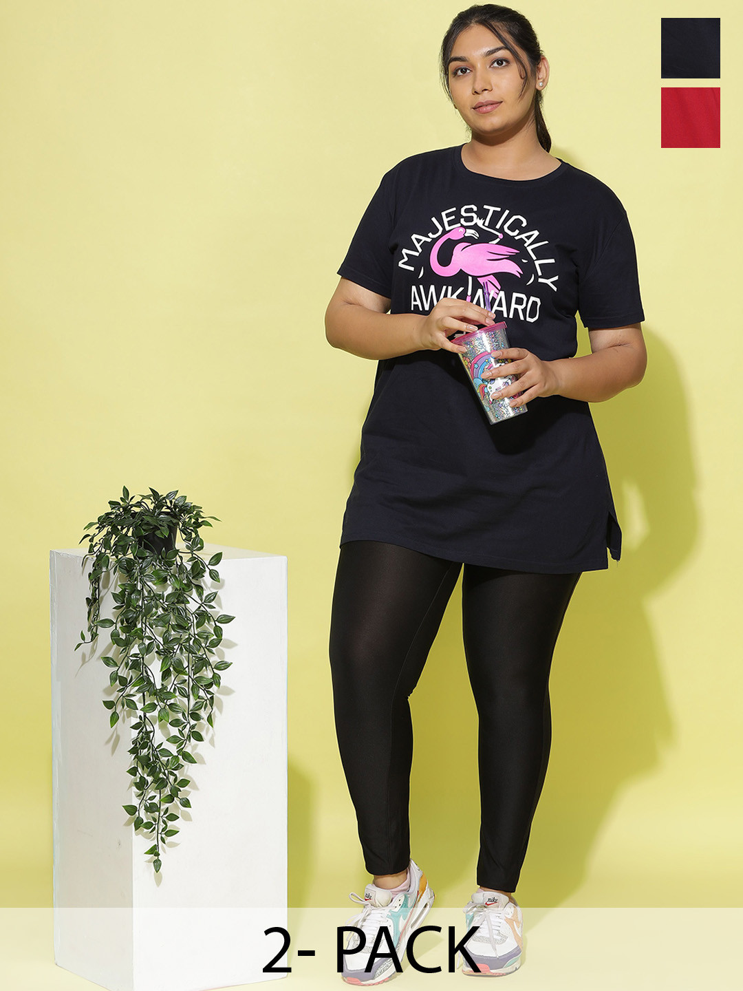 9shines Label Pack Of 2 Graphic Printed Cotton Longline Lounge T-shirts Plus Size