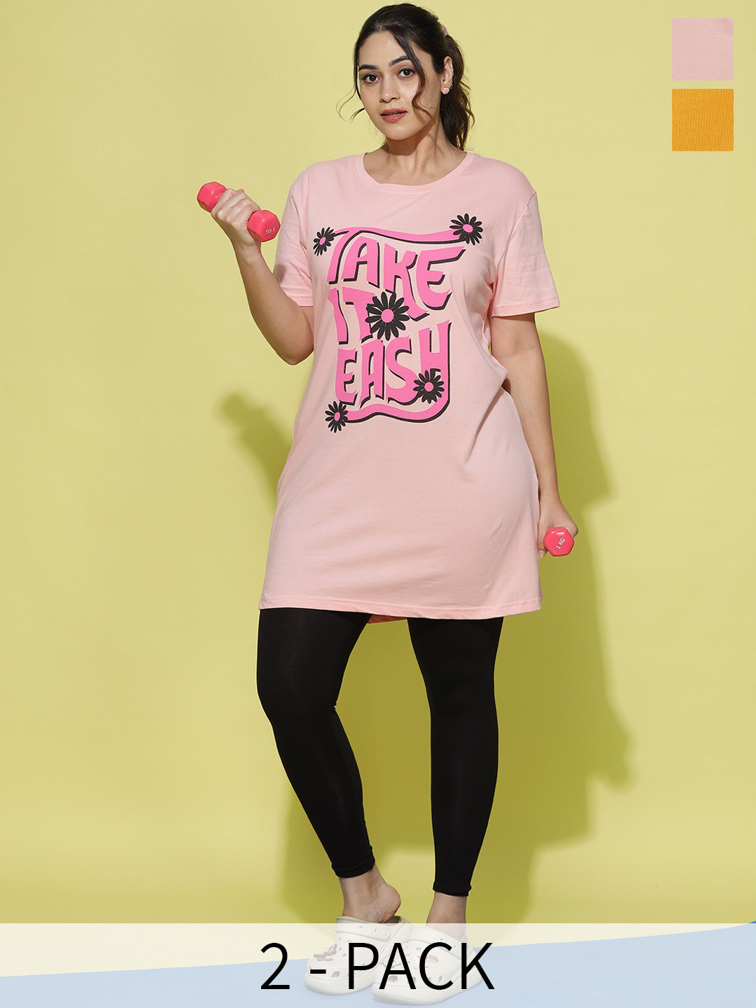 9shines Label Pack Of 2 Printed Cotton Long Lounge T-Shirts