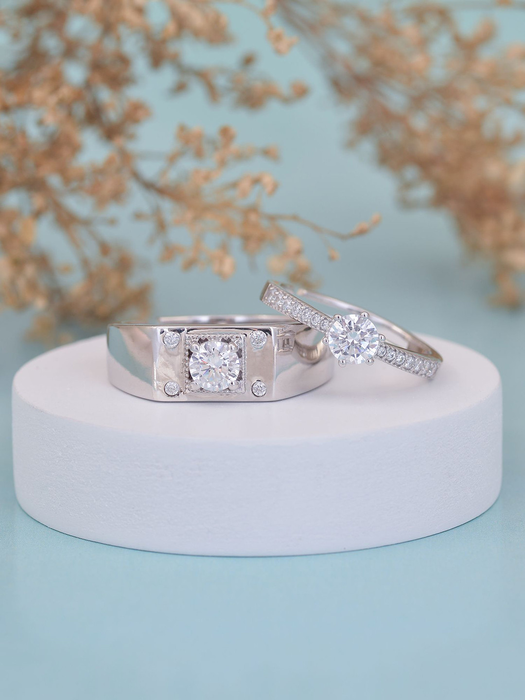 Ornate Jewels Set Of 2 925 Silver Rhodium-Plated American Diamond Finger Rings