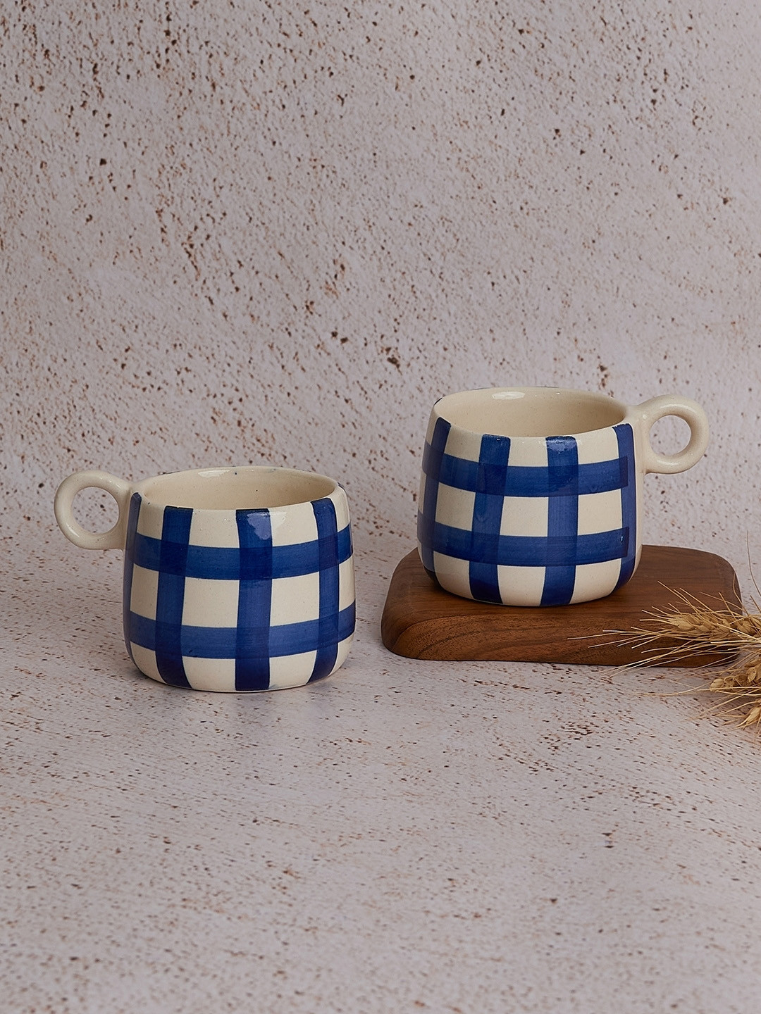 NURTURE INDIA Blue Checkered Ceramic Microwave Safe 2 Piece Mugs-450ml