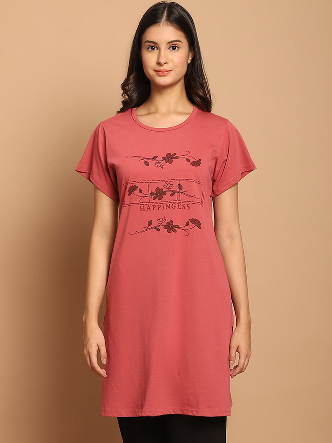 VANYA Women Floral Printed Round Neck Cotton Longline T-shirt